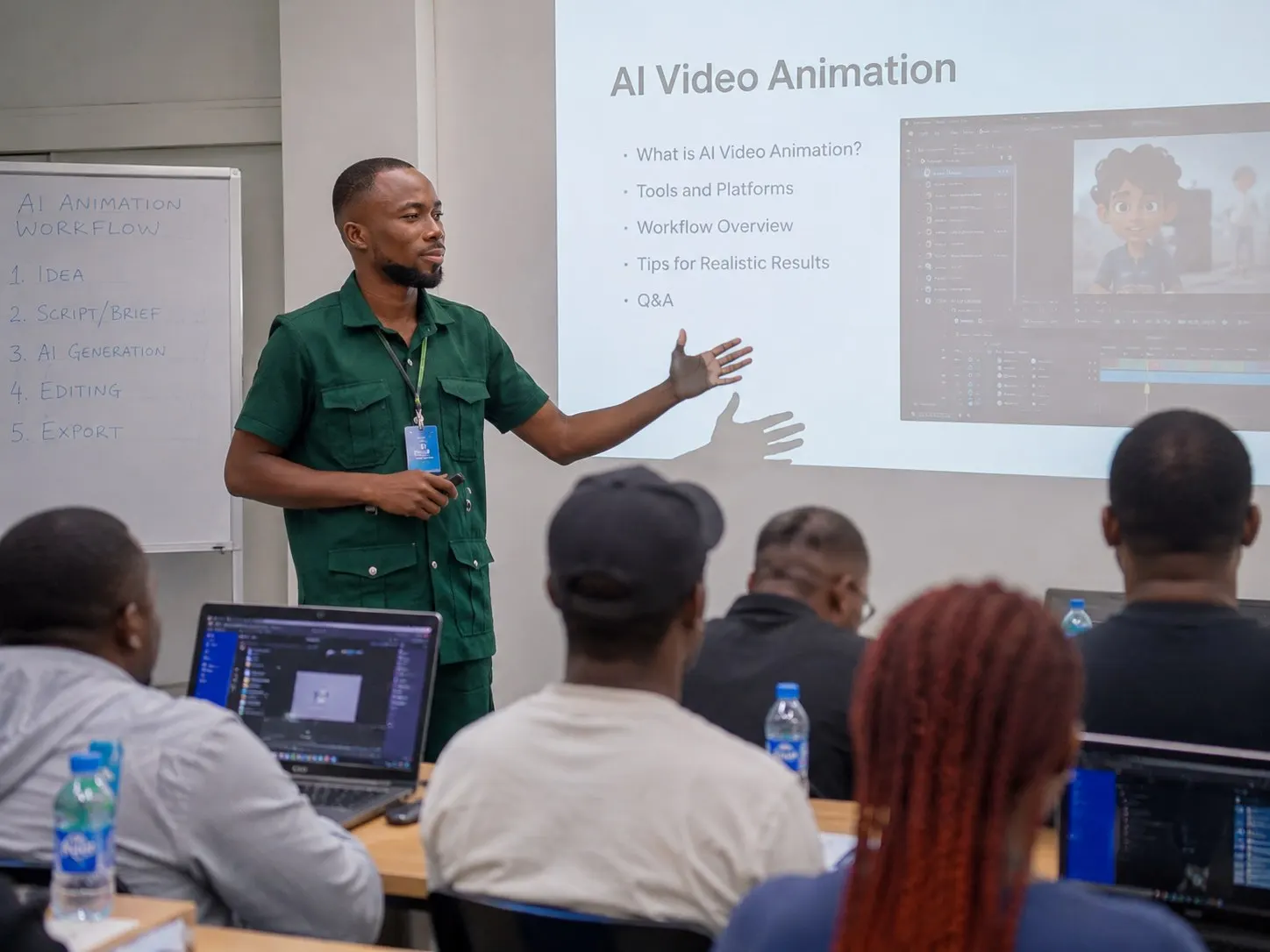 Courage Dodzi Galley leading an AI video animation workshop in Accra
